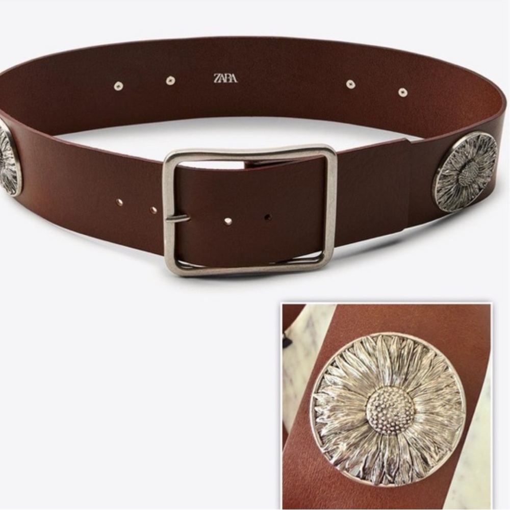 Zara NWT wide leather floral belt brown 1736/059